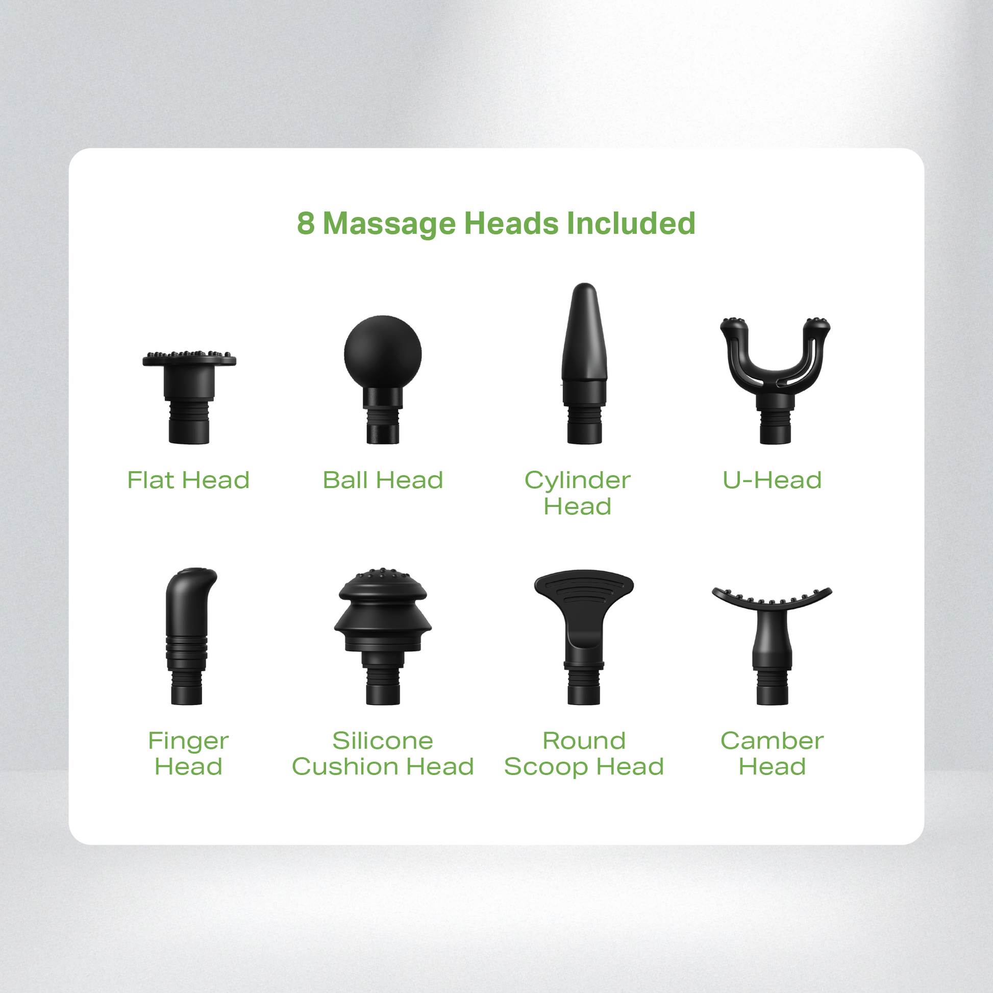 Set of 8 massage heads displayed on a white card with green text.
