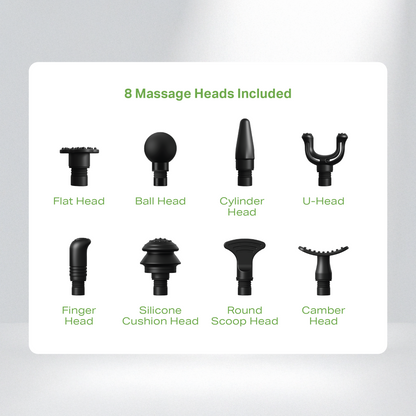 Set of 8 massage heads displayed on a white card with green text.